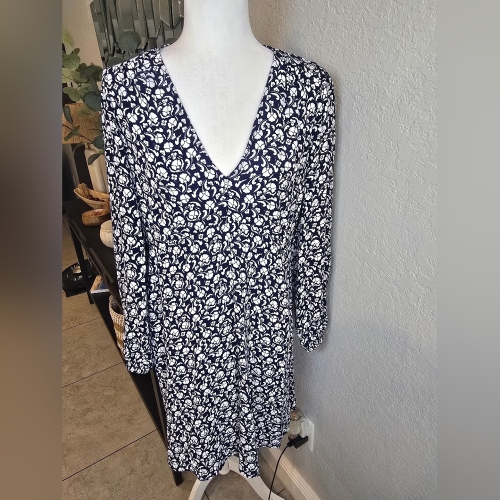 Boden Floral Puff Long Sleeve With Pockets Midi White And Blue Dress 8P